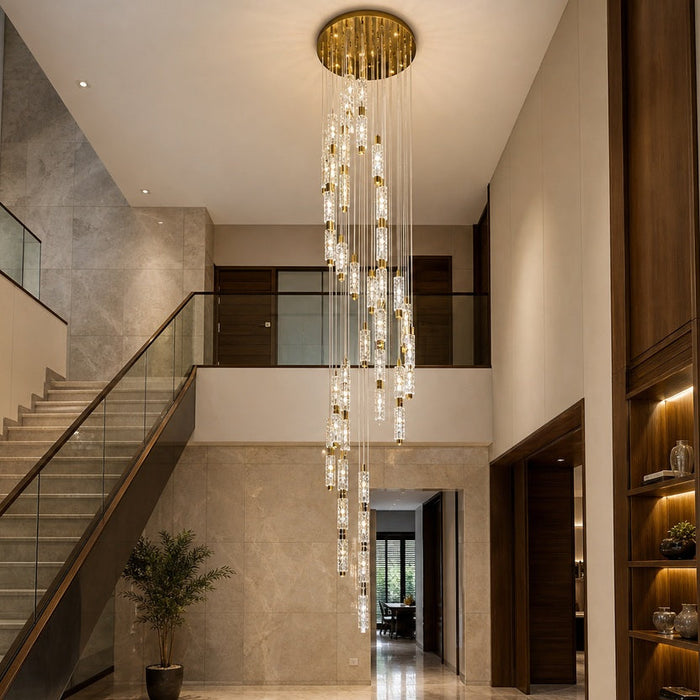 High-ceiling staircase chandelier with full vertical clearance
