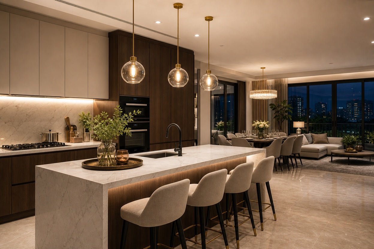 Kitchen island pendant lights installed at practical height and spacing