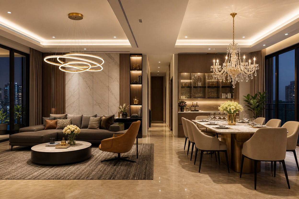 Modern and crystal chandeliers in a Singapore living and dining interior