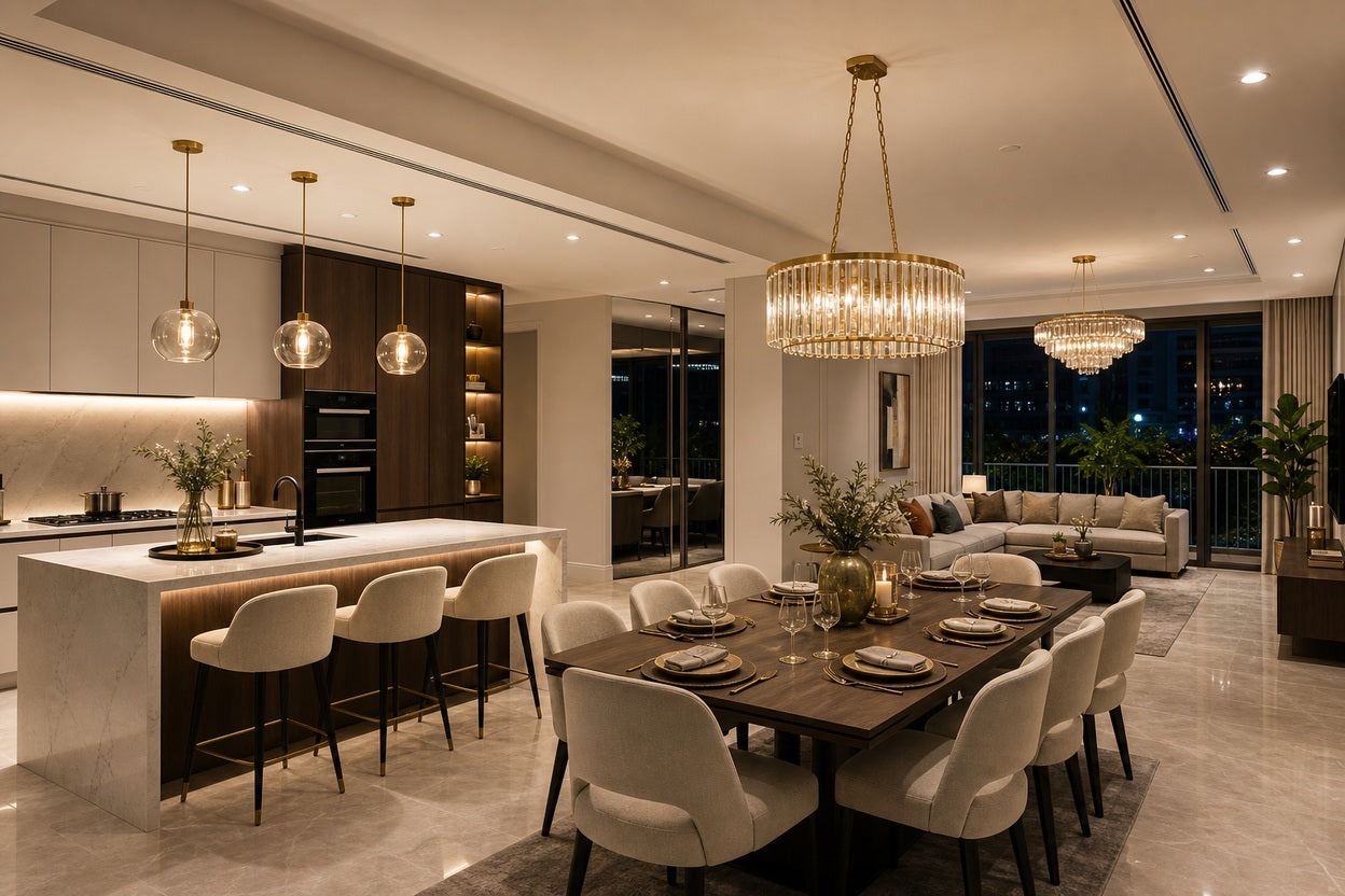 Coordinated chandeliers and pendant lights for dining, kitchen and living spaces
