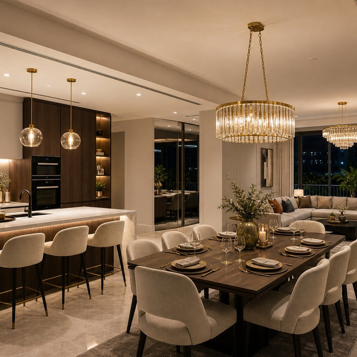 Coordinated chandeliers and pendant lights for dining, kitchen and living spaces