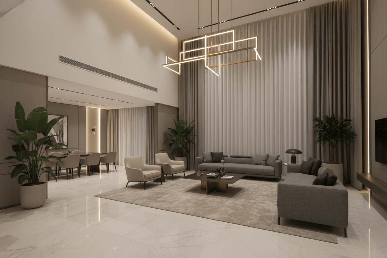 Luxury chandelier in a Singapore double-volume living room with staircase void and warm layered lighting