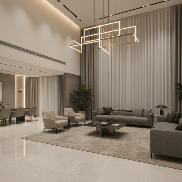 Luxury chandelier in a Singapore double-volume living room with staircase void and warm layered lighting
