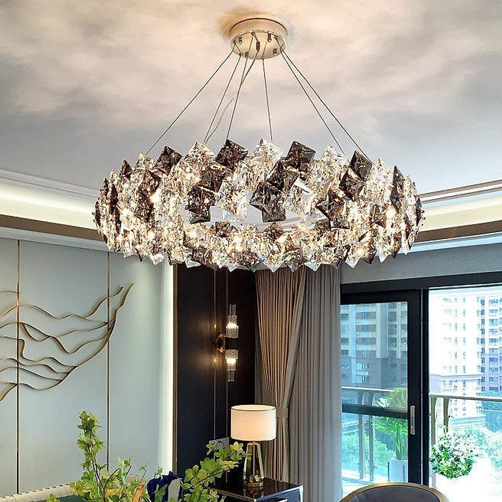 LED Modern Crystal Ring Pendant Light showing crystal detail and a contemporary LED form