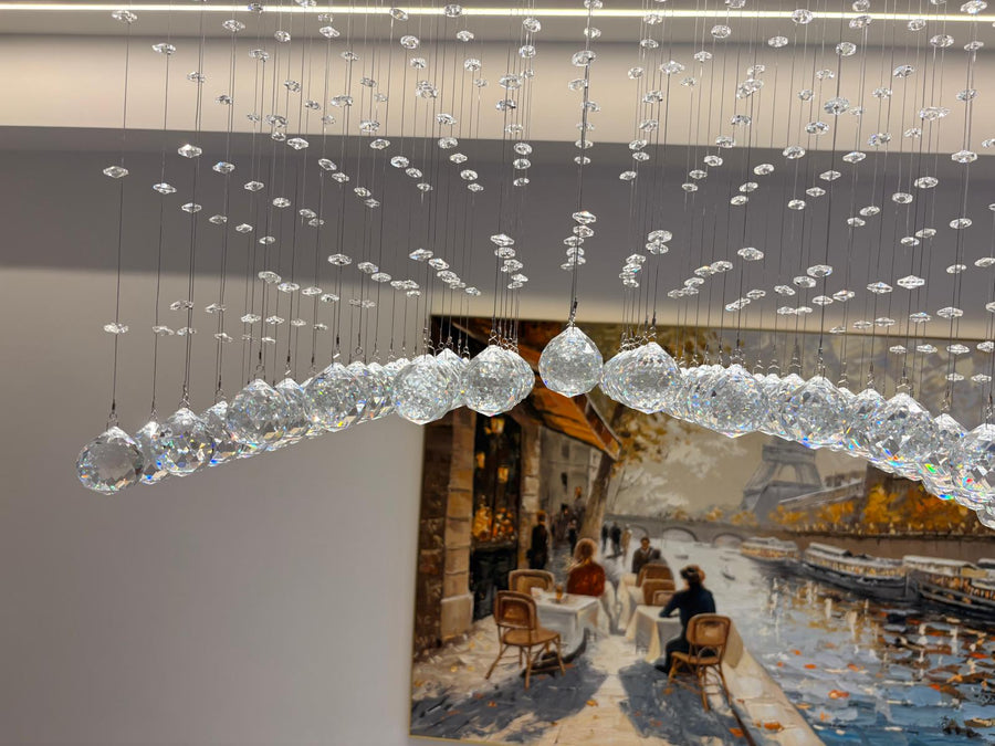 October 2026 DWHOME lighting installation featuring the Raindrop Rectangular Crystal Chandelier
