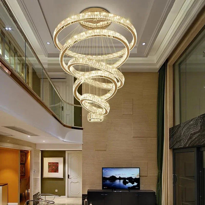 6 Tier Crystal Ring Chandelier for High Ceiling.