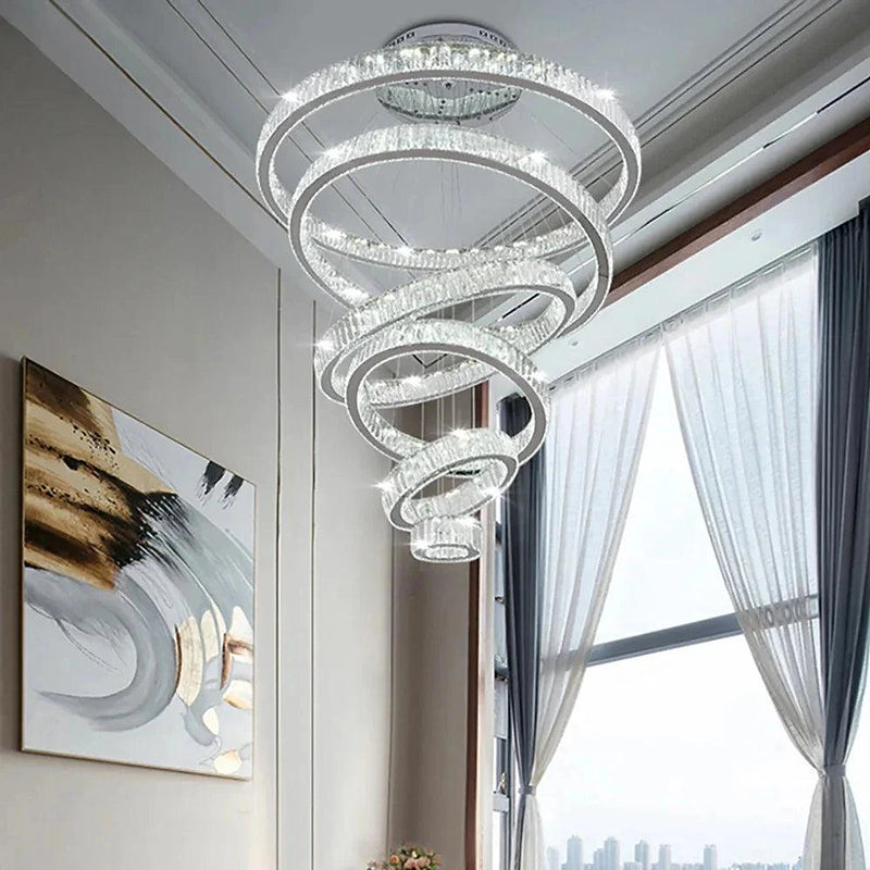 6 Tier Crystal Ring Chandelier for High Ceiling-DWHOME
