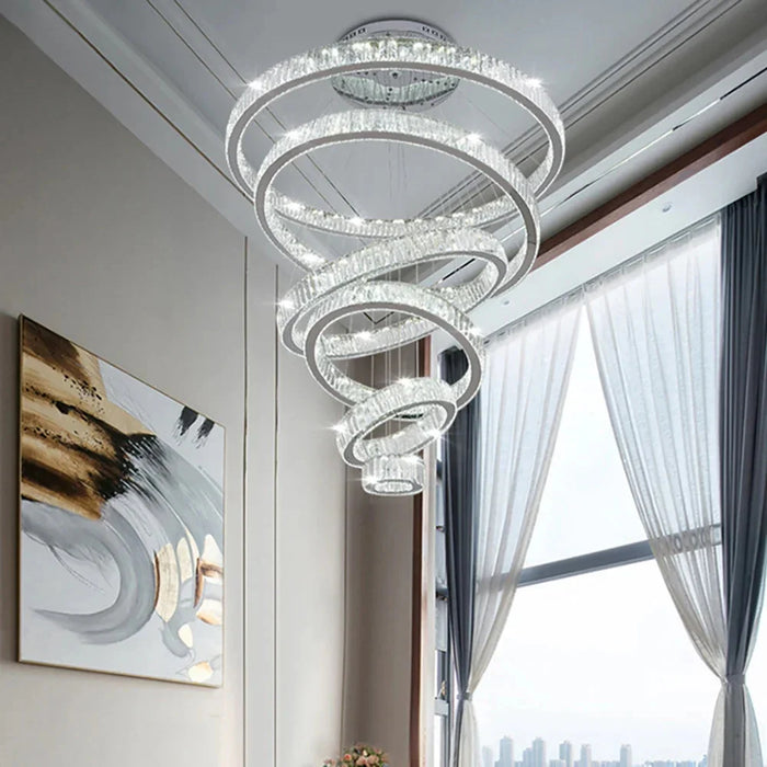 6 Tier Crystal Ring Chandelier for High Ceiling.