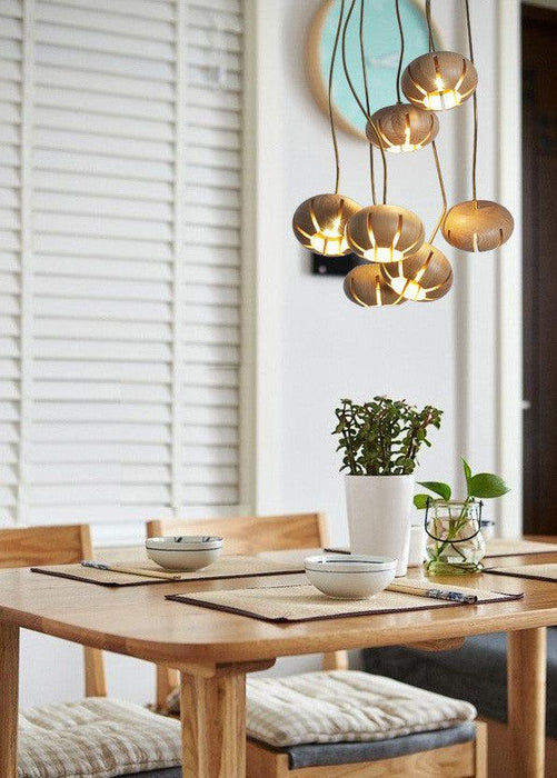 Wooden Petal Round Cluster Pendant Light.