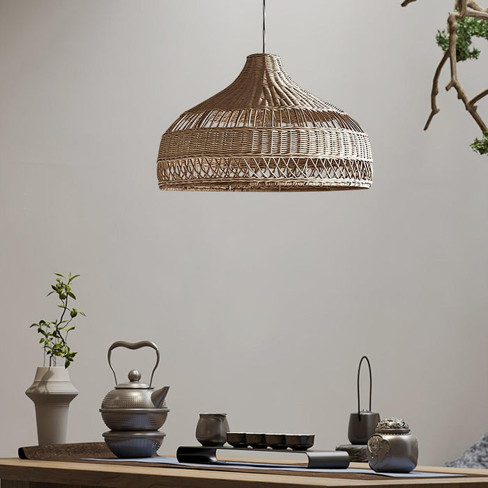 Artisanal Rattan Dome Pendant Lamp.