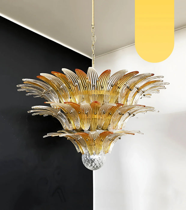 Lámpara de araña bellamente Palmette ámbar transparente de Murano