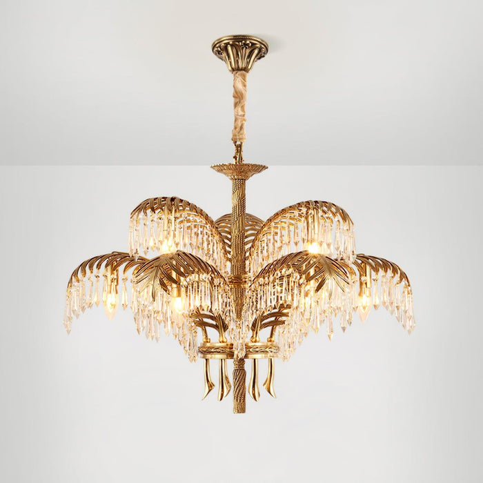 Brass Palm Leaf Crystal Chandelier-DWHOME