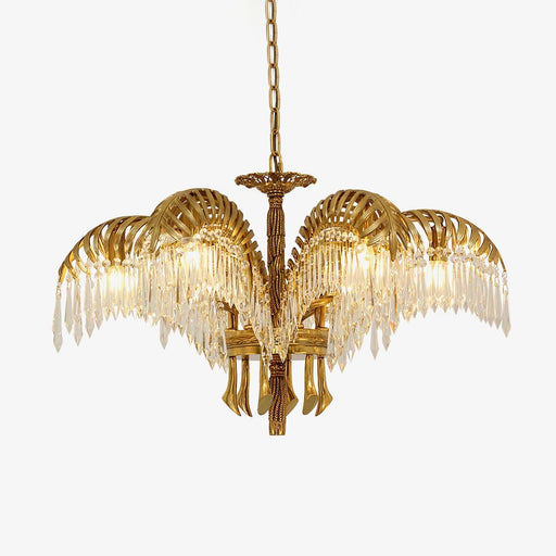Brass Palm Leaf Crystal Chandelier-DWHOME