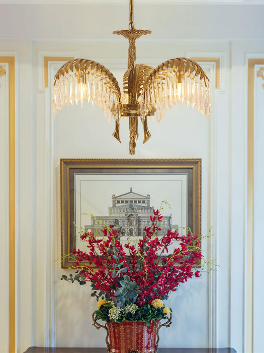 Brass Palm Leaf Crystal Chandelier-DWHOME