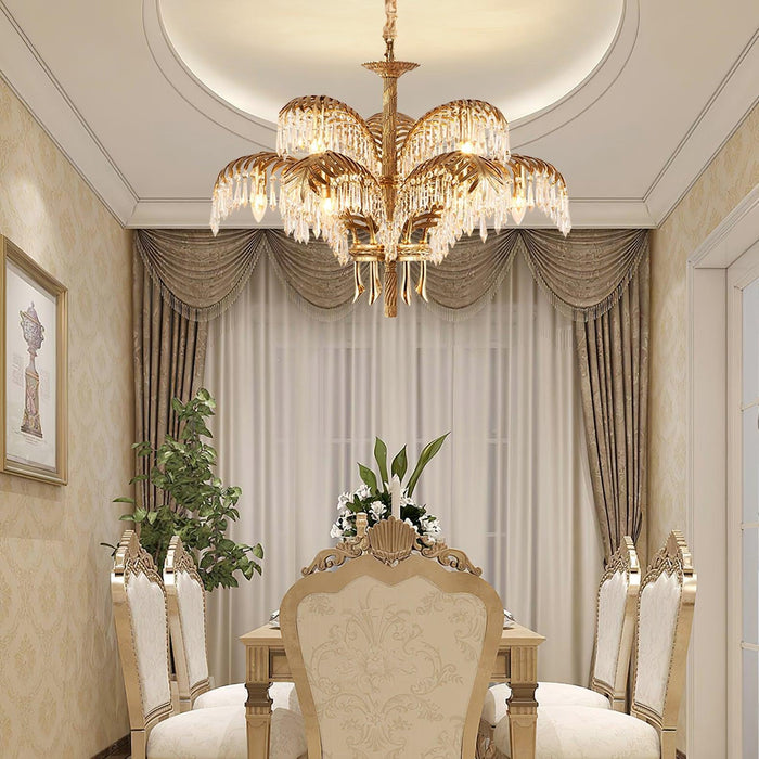 Brass Palm Leaf Crystal Chandelier-DWHOME