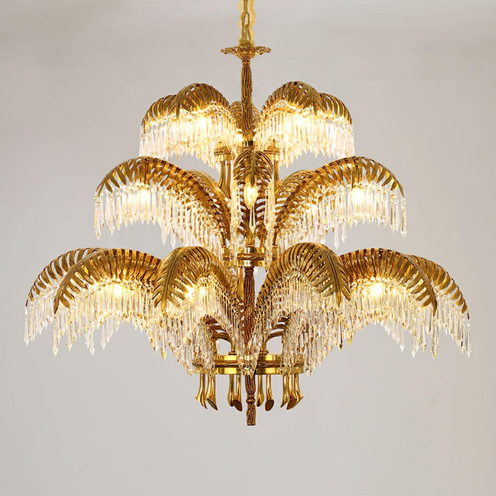 Brass Palm Leaf Crystal Chandelier-DWHOME