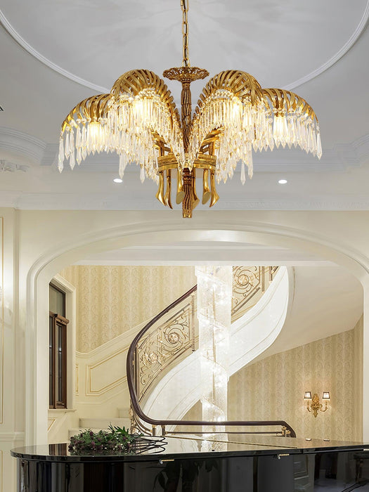 Brass Palm Leaf Crystal Chandelier-DWHOME