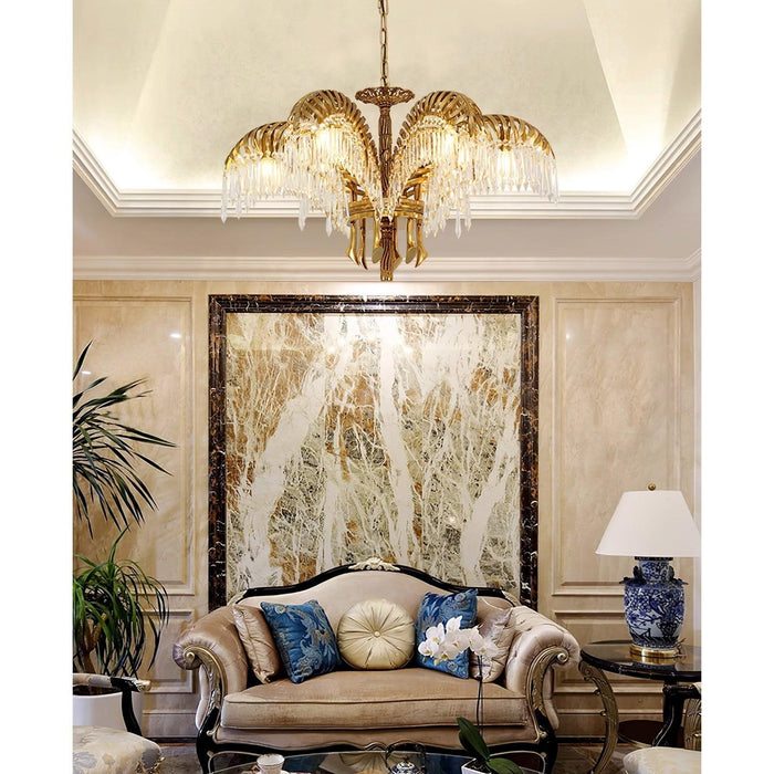 Brass Palm Leaf Crystal Chandelier-DWHOME