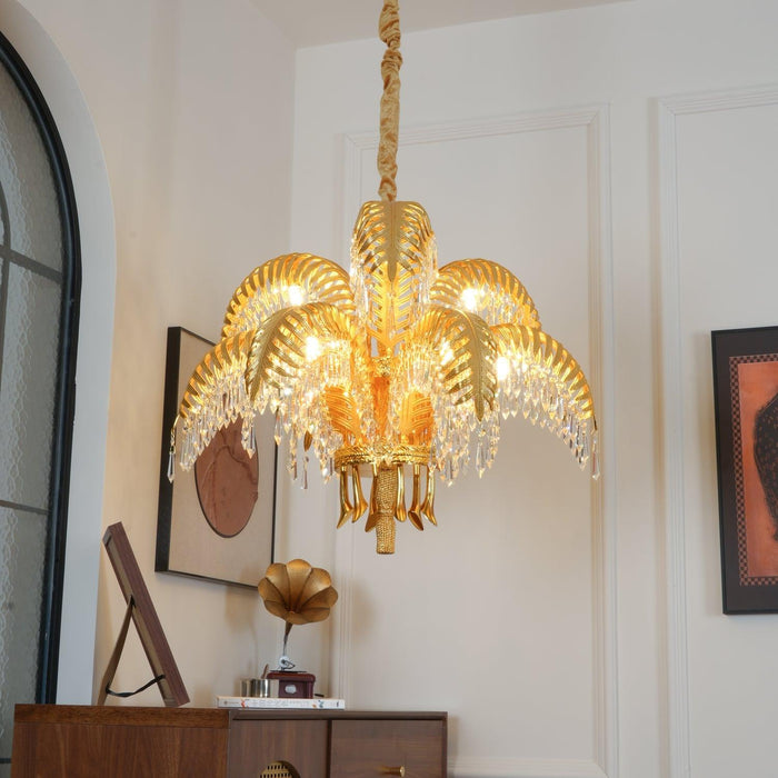 Brass Palm Leaf Crystal Chandelier-DWHOME