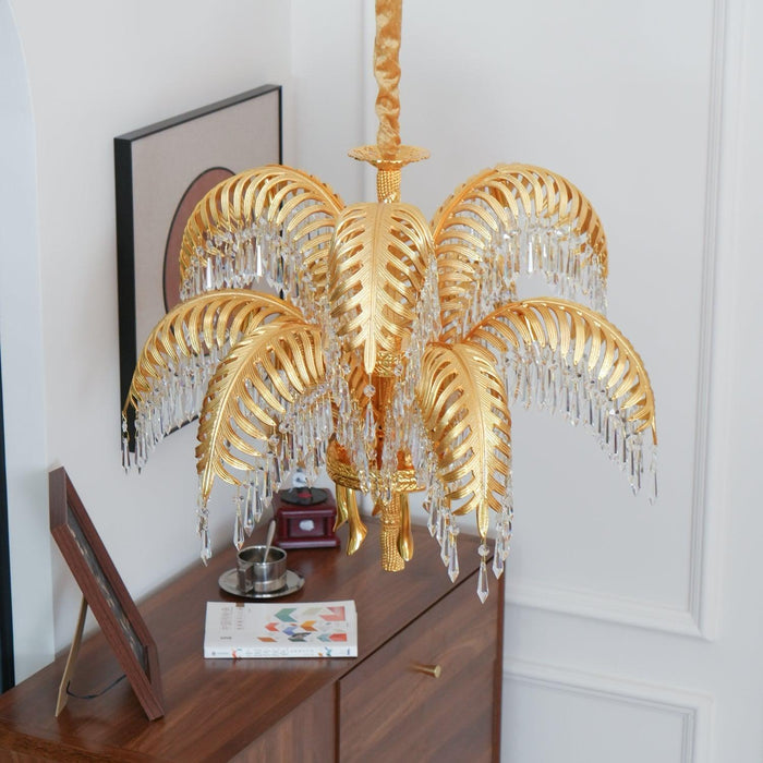 Brass Palm Leaf Crystal Chandelier-DWHOME