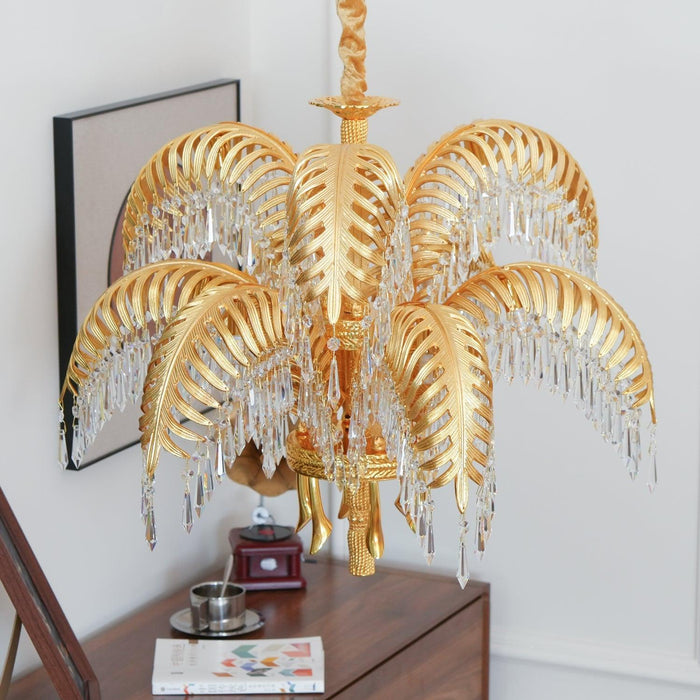 Brass Palm Leaf Crystal Chandelier-DWHOME