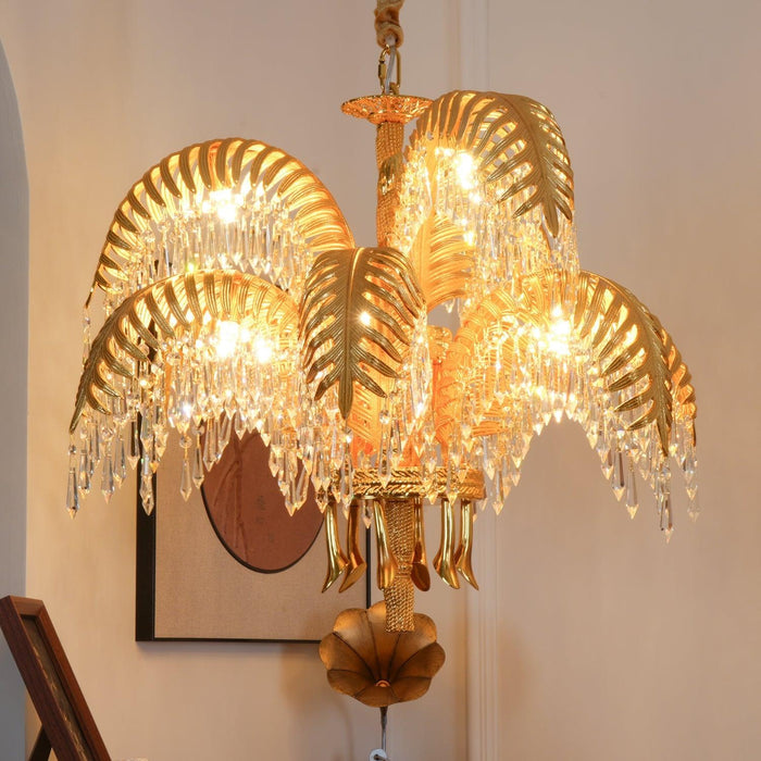 Brass Palm Leaf Crystal Chandelier-DWHOME