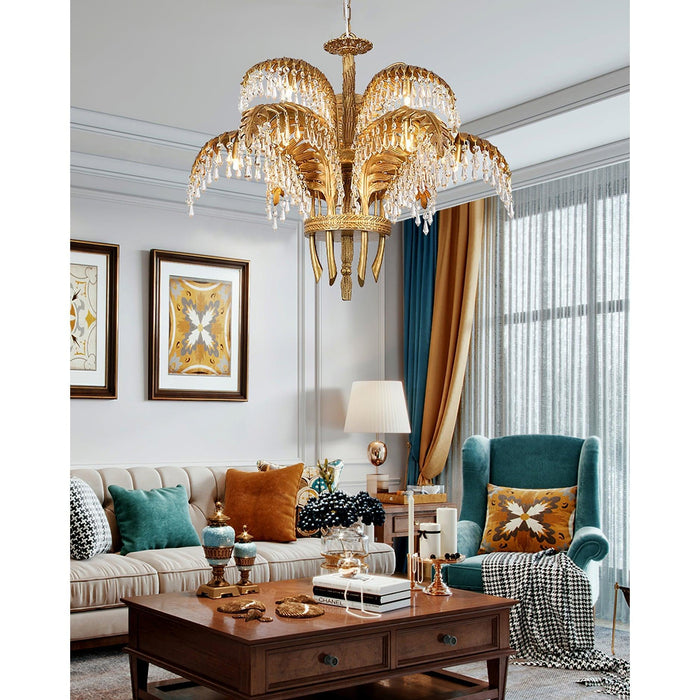 Brass Palm Leaf Crystal Chandelier-DWHOME