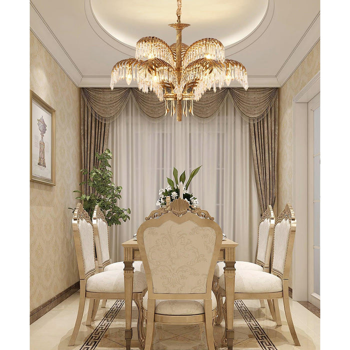 Brass Palm Leaf Crystal Chandelier-DWHOME