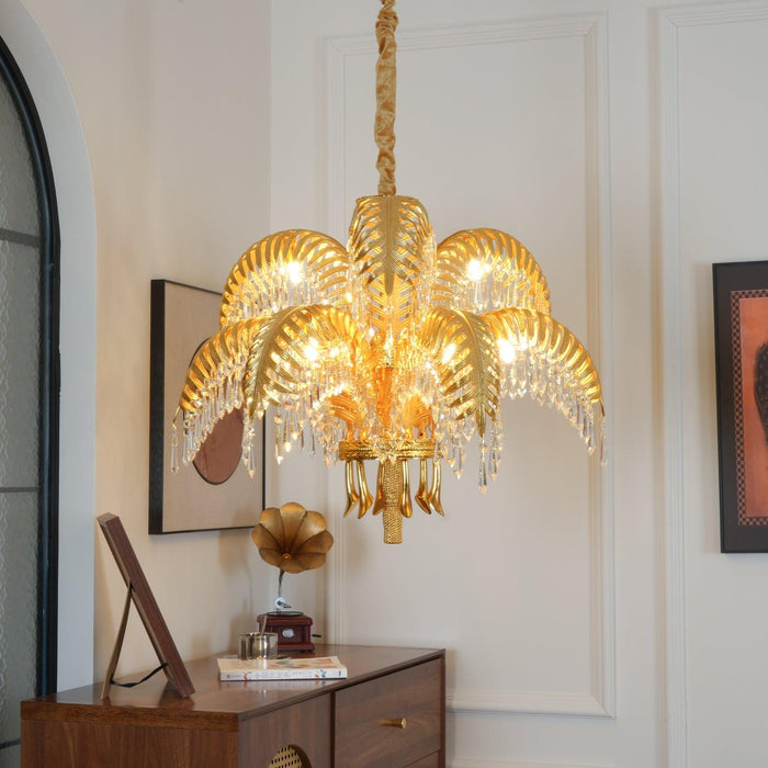 Brass Palm Leaf Crystal Chandelier-DWHOME