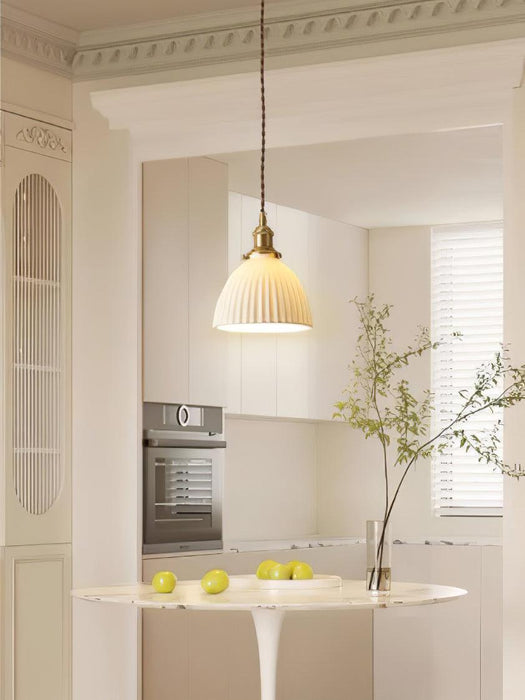 Brass Pleated Ceramic Pendant Lamp-DWHOME