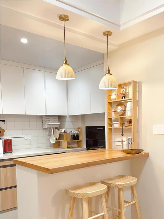 Brass Pleated Ceramic Pendant Lamp.