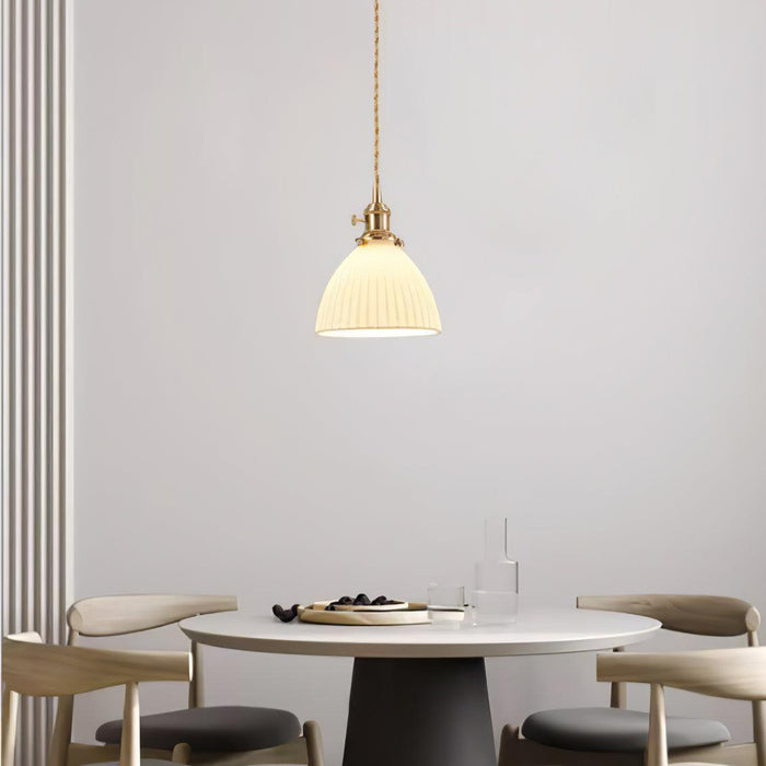 Brass Pleated Ceramic Pendant Lamp.