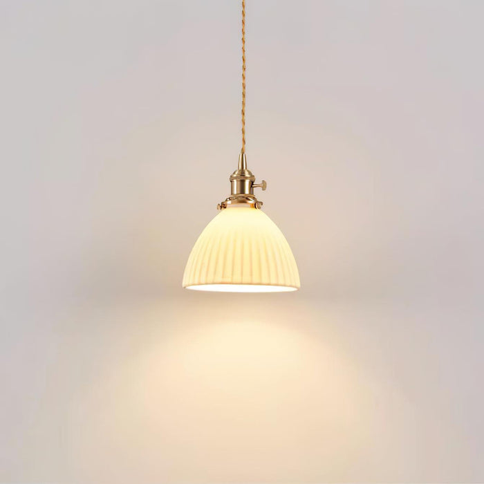 Brass Pleated Ceramic Pendant Lamp.