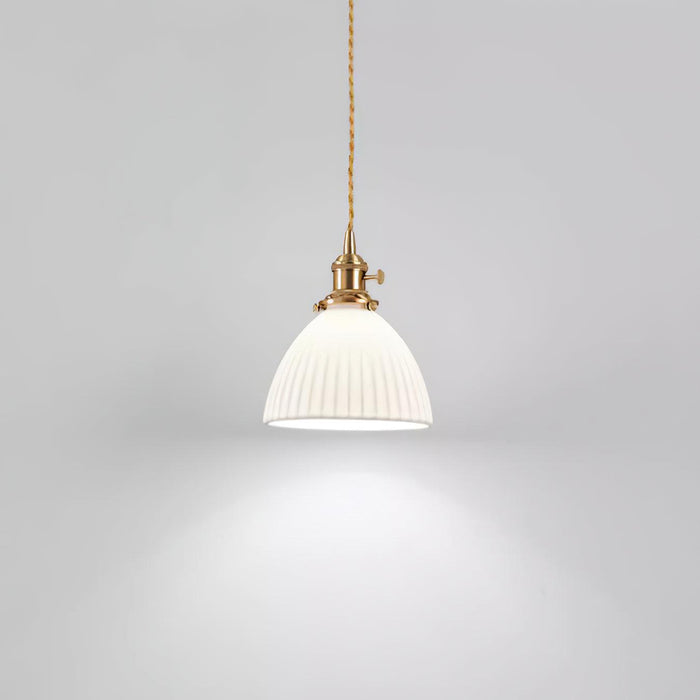 Brass Pleated Ceramic Pendant Lamp.