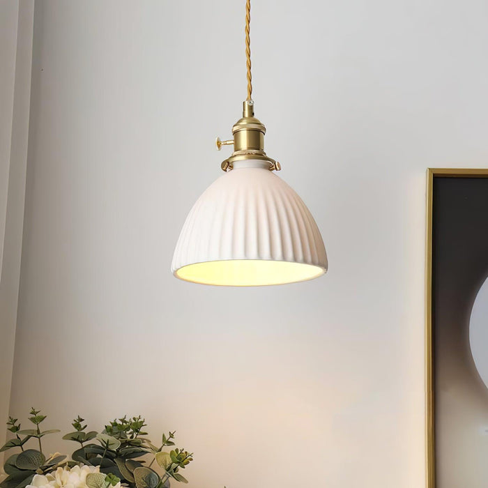 Brass Pleated Ceramic Pendant Lamp-DWHOME