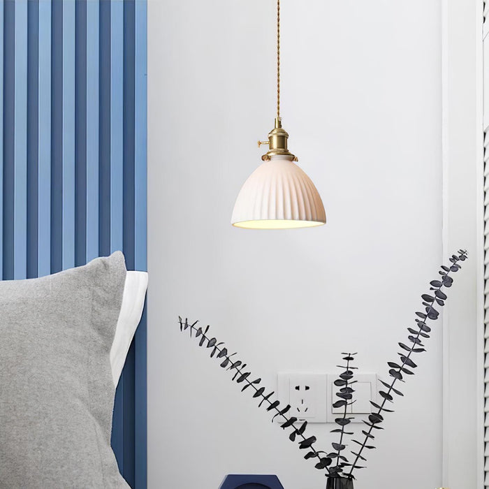 Brass Pleated Ceramic Pendant Lamp-DWHOME