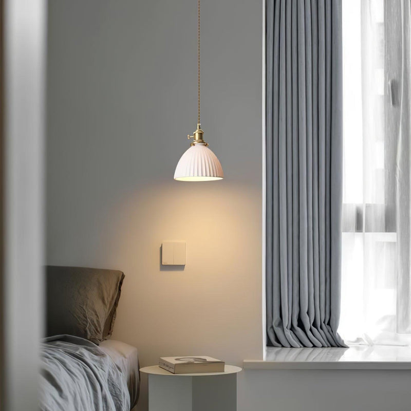 Brass Pleated Ceramic Pendant Lamp-DWHOME