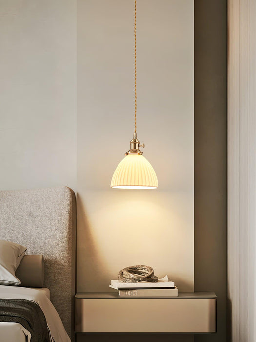 Brass Pleated Ceramic Pendant Lamp.