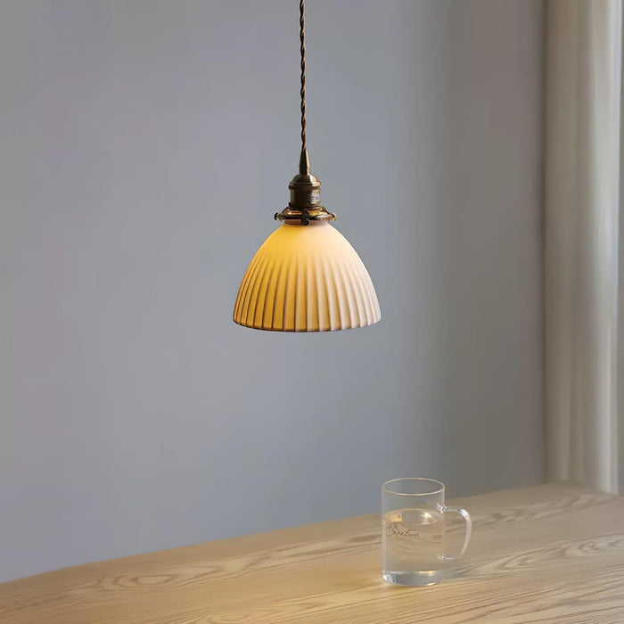 Brass Pleated Ceramic Pendant Lamp-DWHOME