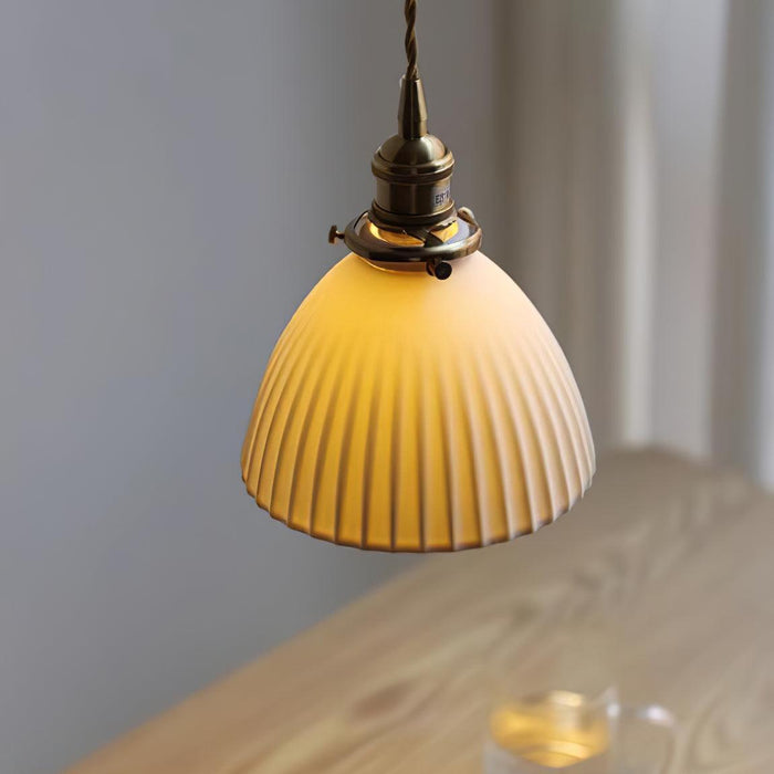 Brass Pleated Ceramic Pendant Lamp.