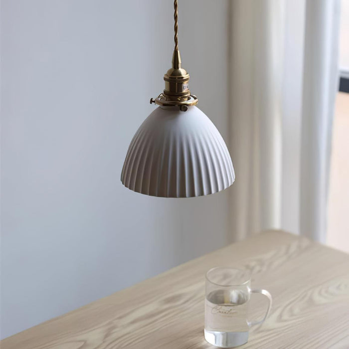 Brass Pleated Ceramic Pendant Lamp.