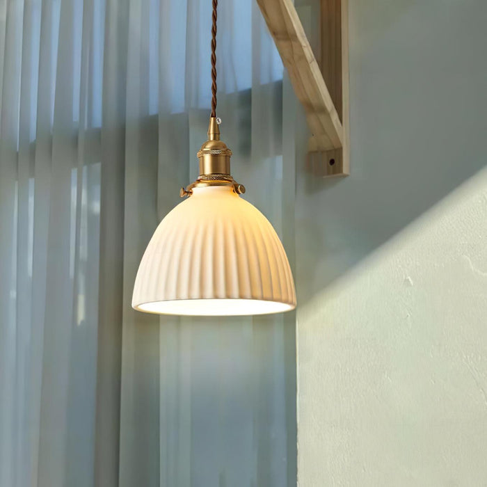 Brass Pleated Ceramic Pendant Lamp.