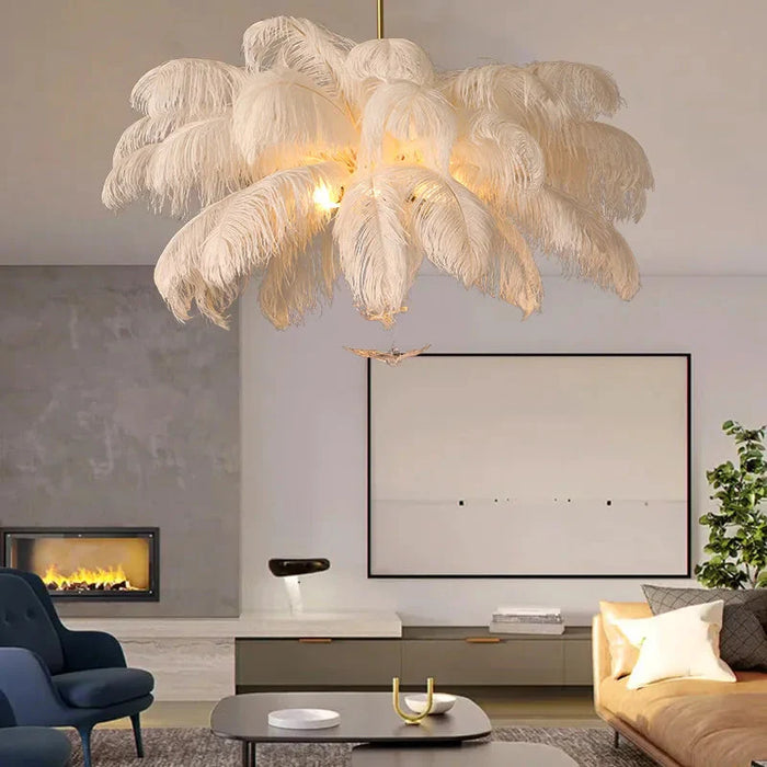 Divas Modern White Ostrich Feather Chandelier.