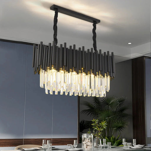 Finn Modern Black Linear Crystal Chandelier Dining Room.