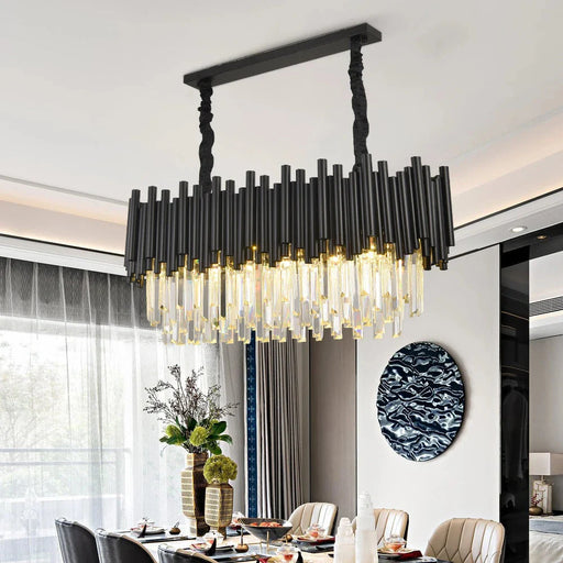 Finn Modern Black Linear Crystal Chandelier Dining Room.