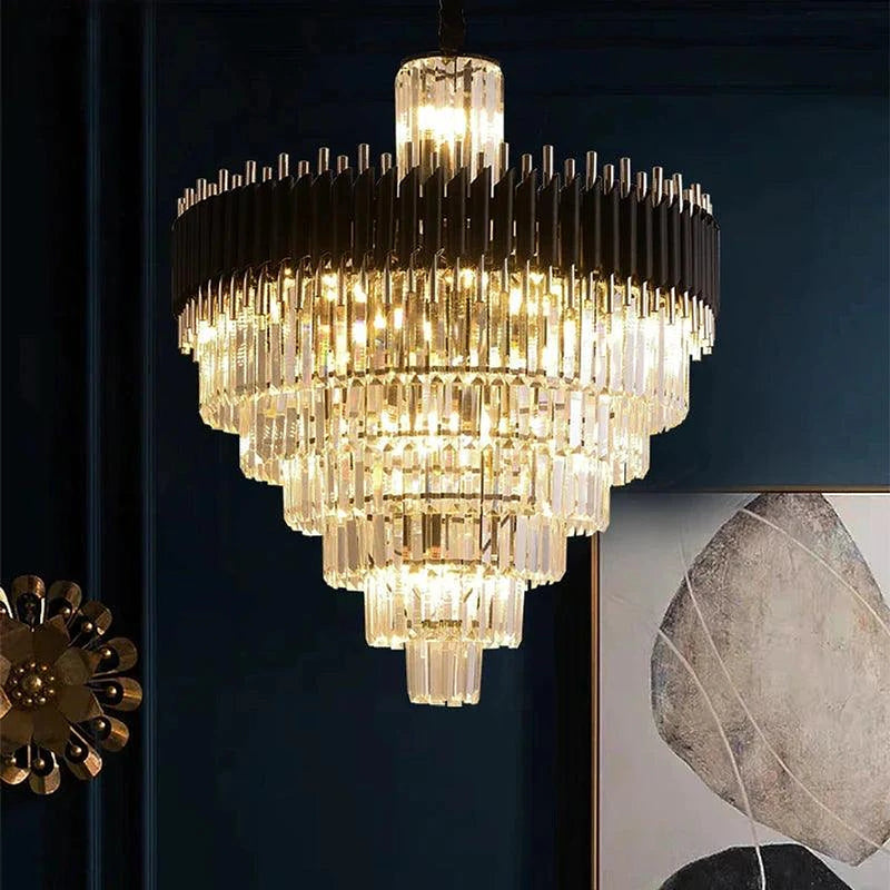 Fyu Modern Large Black and Gold Crystal Chandelier-DWHOME