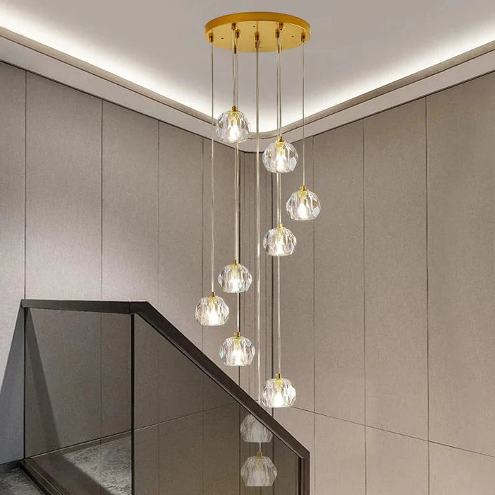 Gold Crystal Ball Chandelier for High Ceiling & Staircase.