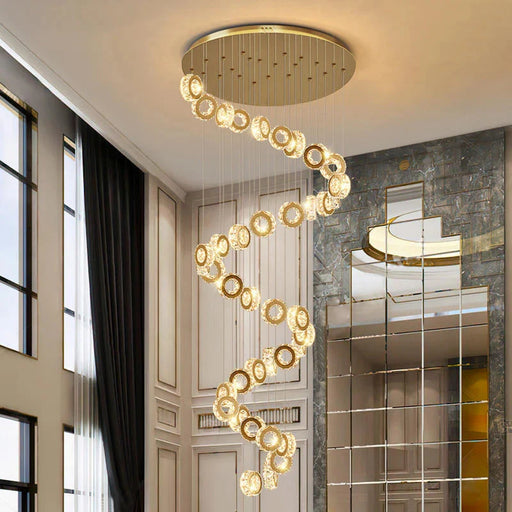 Gold Crystal Spiral Chandelier for Staircase Foyer.