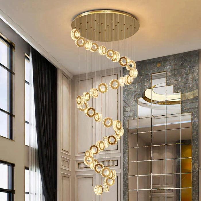 Gold Crystal Spiral Chandelier for Staircase Foyer.