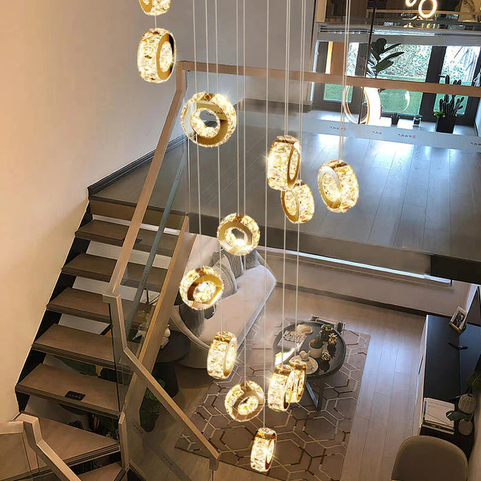 Gold Crystal Spiral Chandelier for Staircase Foyer.